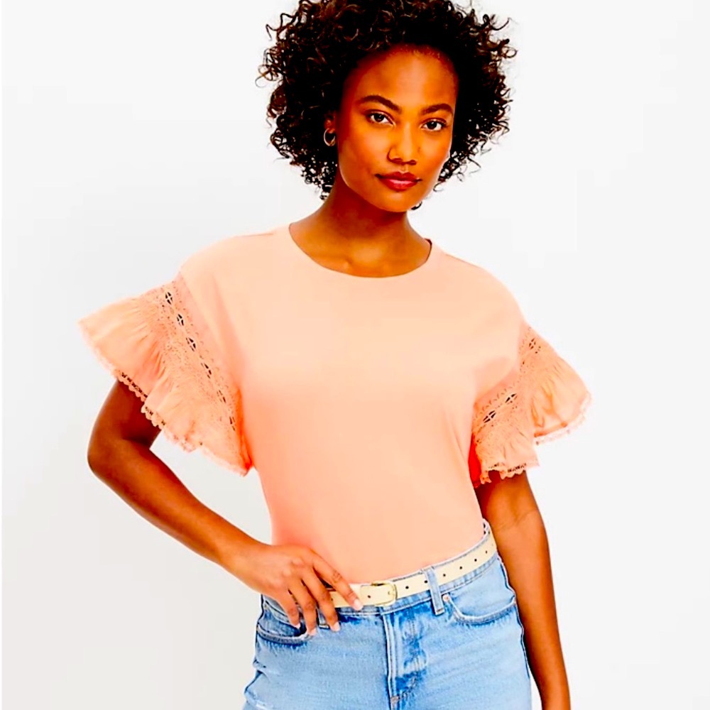 Lace Ruffle Sleeve Mixed Media Top